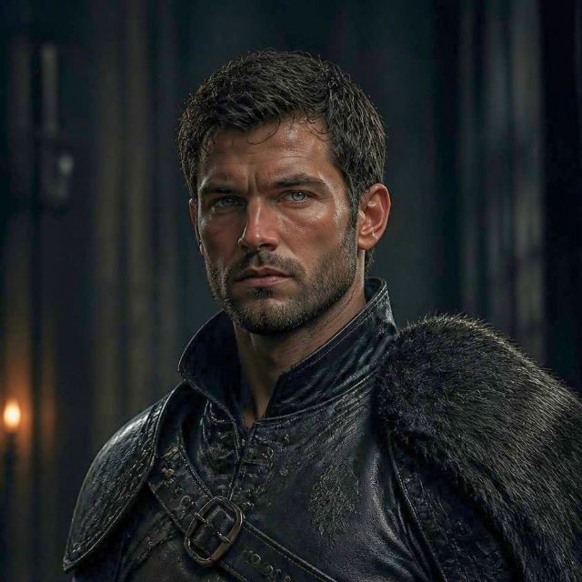 Kael Ironwood, a dark-haired, bearded man in a captain's leather armour.