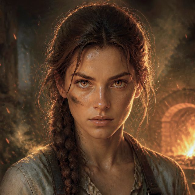 Sera Vale, a young woman with a chestnut braid, a grey cloak and a leather forge apron.