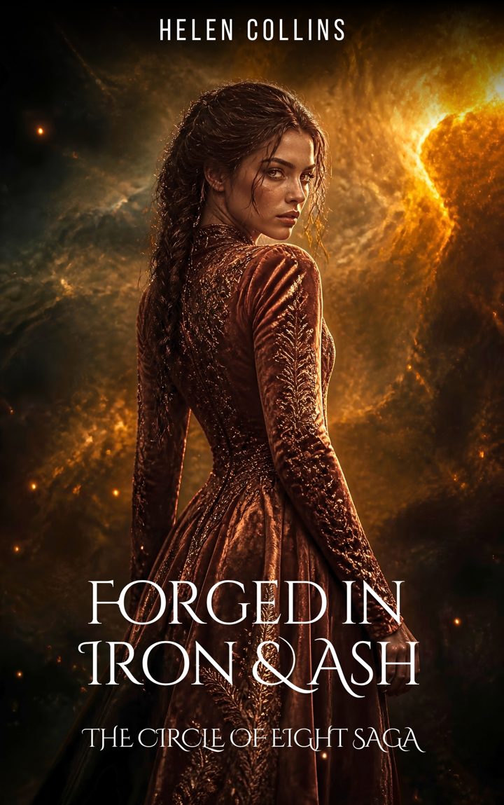 Cover of Forged in Iron & Ash by Helen Collins: a woman in a copper gown looks back over her shoulder against a sky of fire and ash.