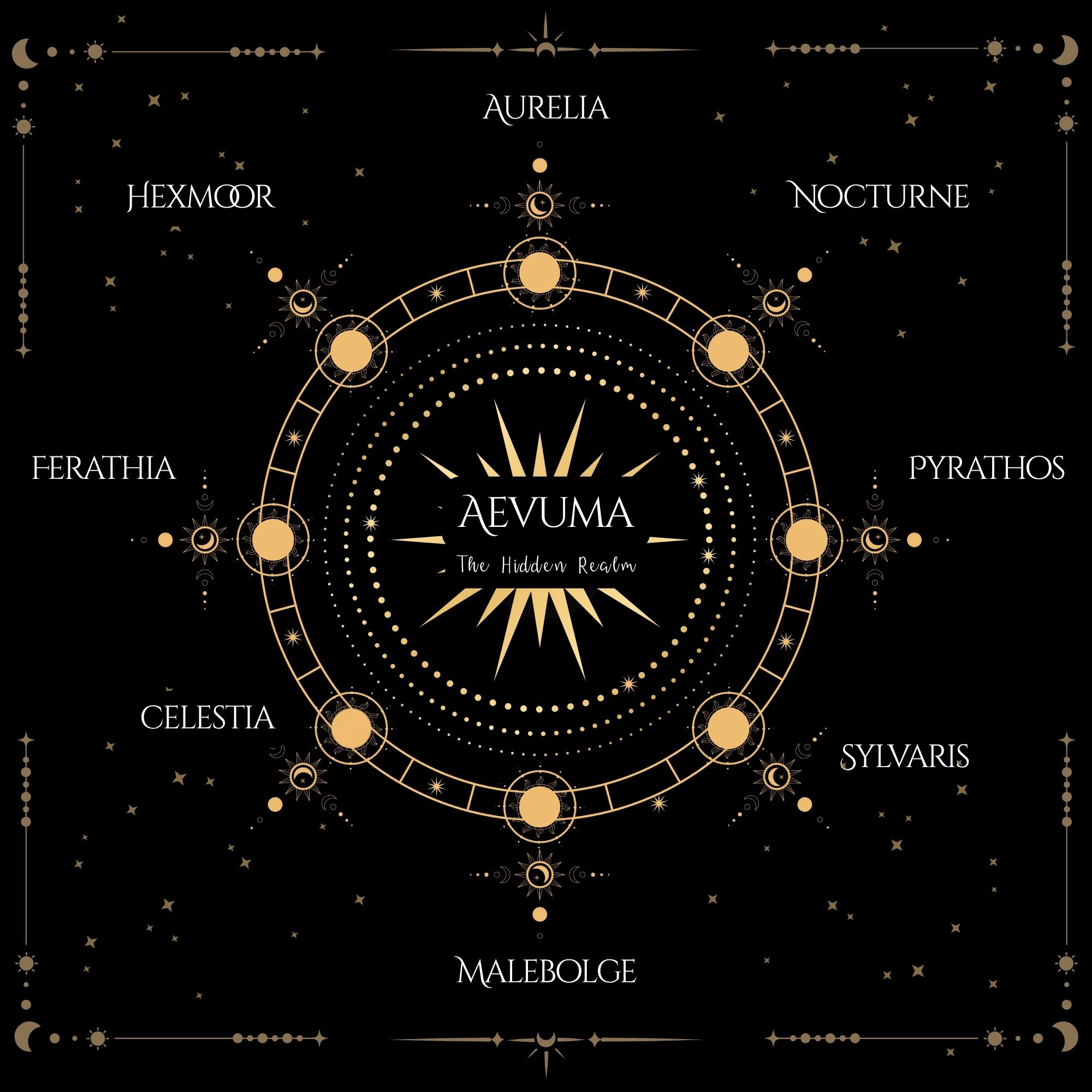 Map of the nine realms of Caelithia. Aevuma, the Aeons' hidden realm, sits at the centre of a golden wheel, ringed by Aurelia, Nocturne, Pyrathos, Sylvaris, Malebolge, Celestia, Ferathia and Hexmoor.